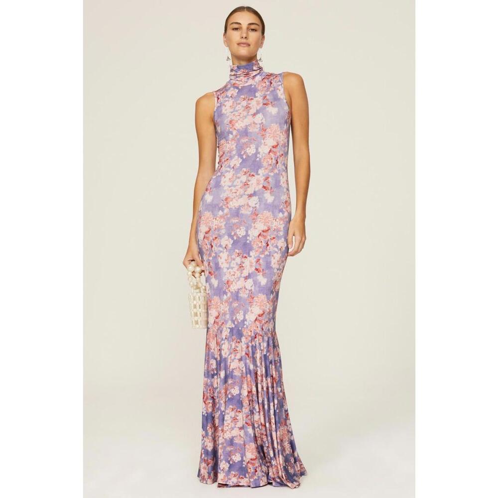 Caroline Constas Lavender Floral High-Neck Mermaid Gown